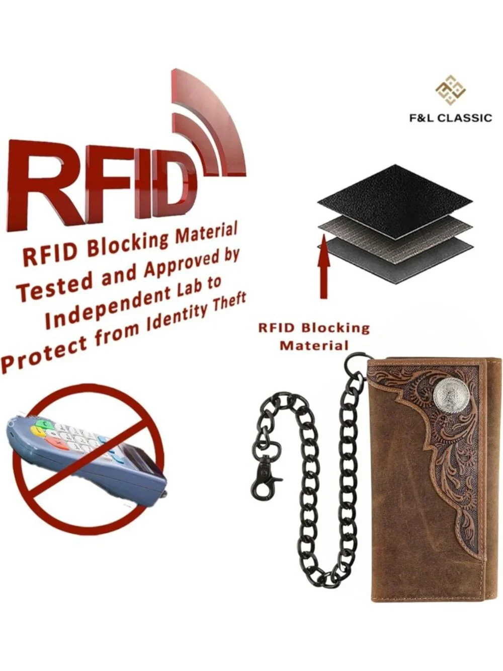 Classic RFID Blocking Men's Tri-Fold Leather Wallet with Steel Chain - Brown